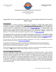 Document preview: Application for an Assignment of a Type B or Unclassified Certificate of Assured Water Supply - Arizona