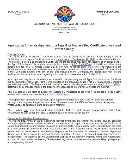 Application for an Assignment of a Type B or Unclassified Certificate of Assured Water Supply - Arizona Download Pdf