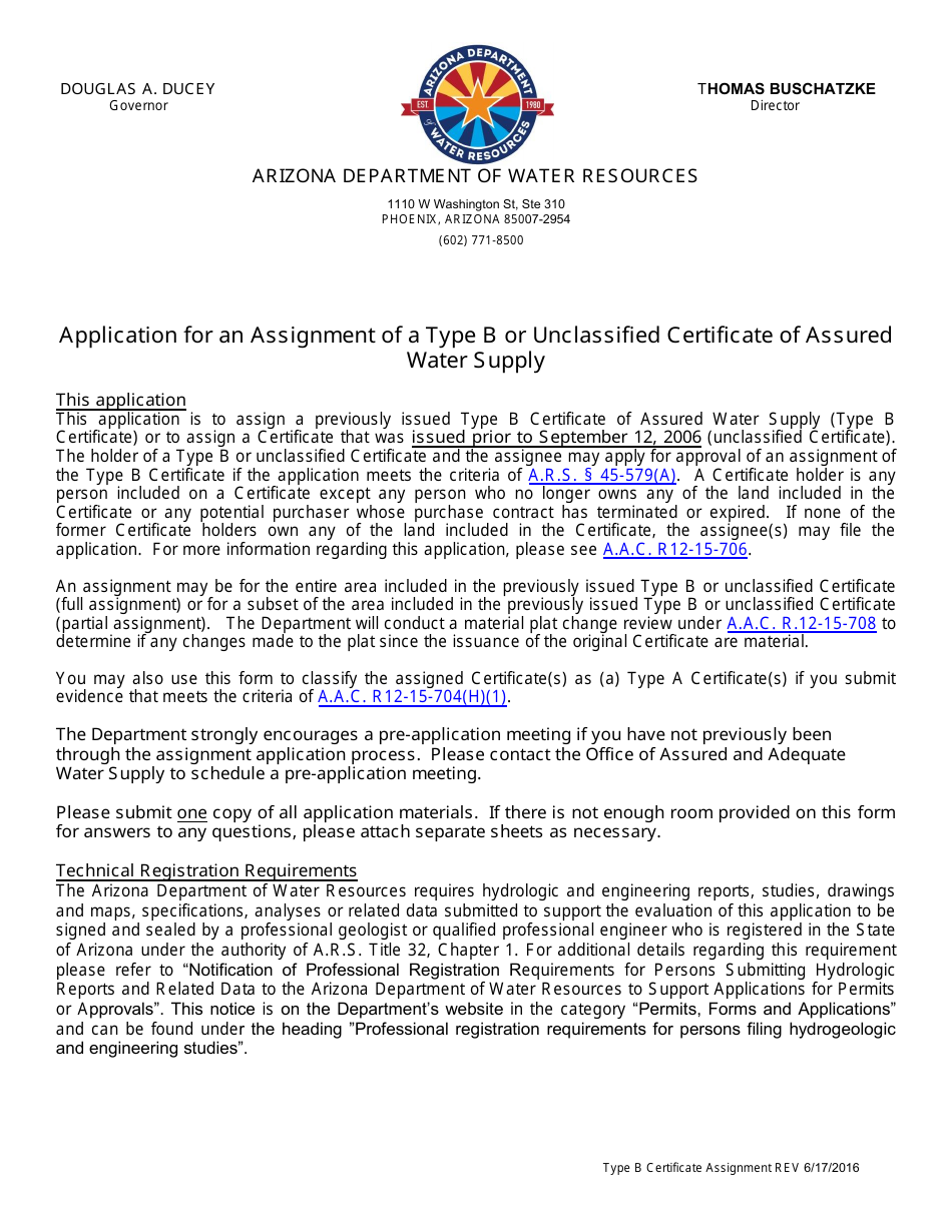 Application for an Assignment of a Type B or Unclassified Certificate of Assured Water Supply - Arizona, Page 1