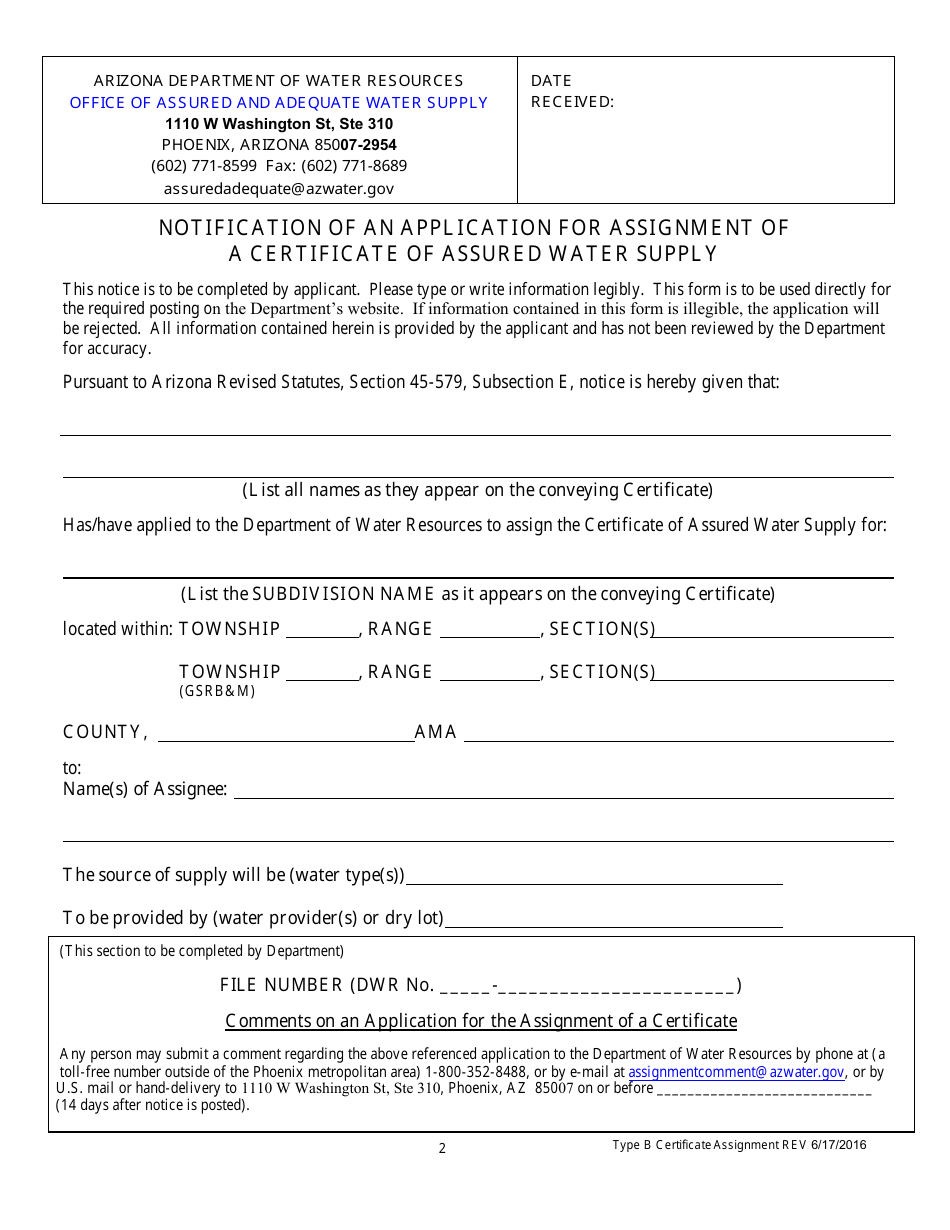 Application for an Assignment of a Type B or Unclassified Certificate of Assured Water Supply - Arizona, Page 3