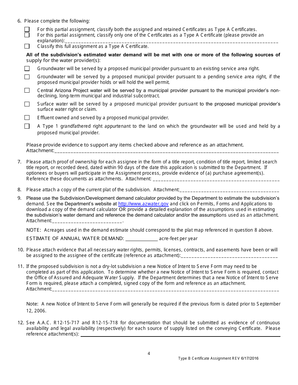 Application for an Assignment of a Type B or Unclassified Certificate of Assured Water Supply - Arizona, Page 5