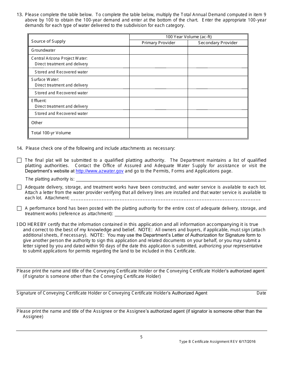 Application for an Assignment of a Type B or Unclassified Certificate of Assured Water Supply - Arizona, Page 6