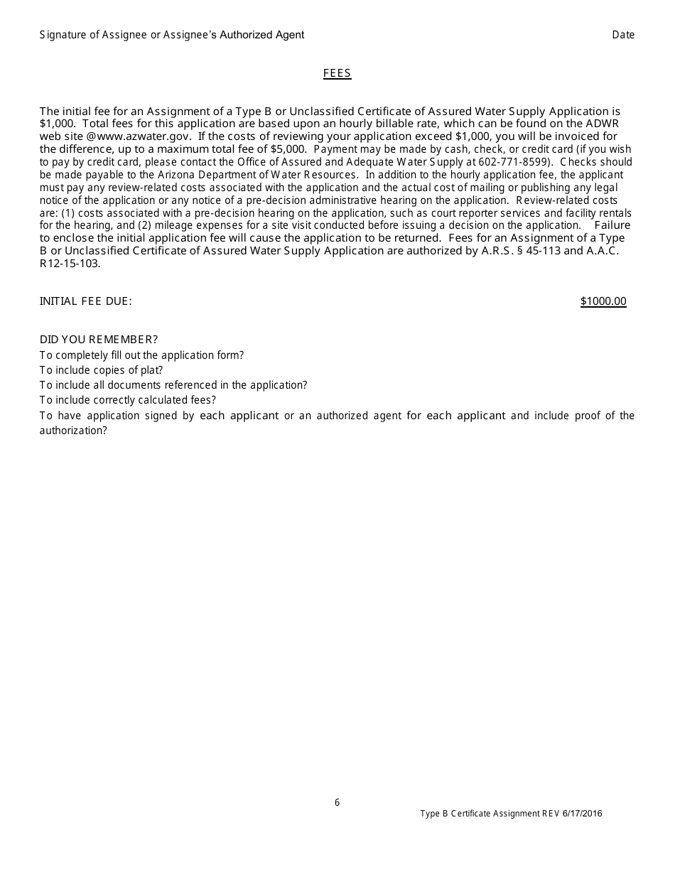 Application for an Assignment of a Type B or Unclassified Certificate of Assured Water Supply - Arizona, Page 7