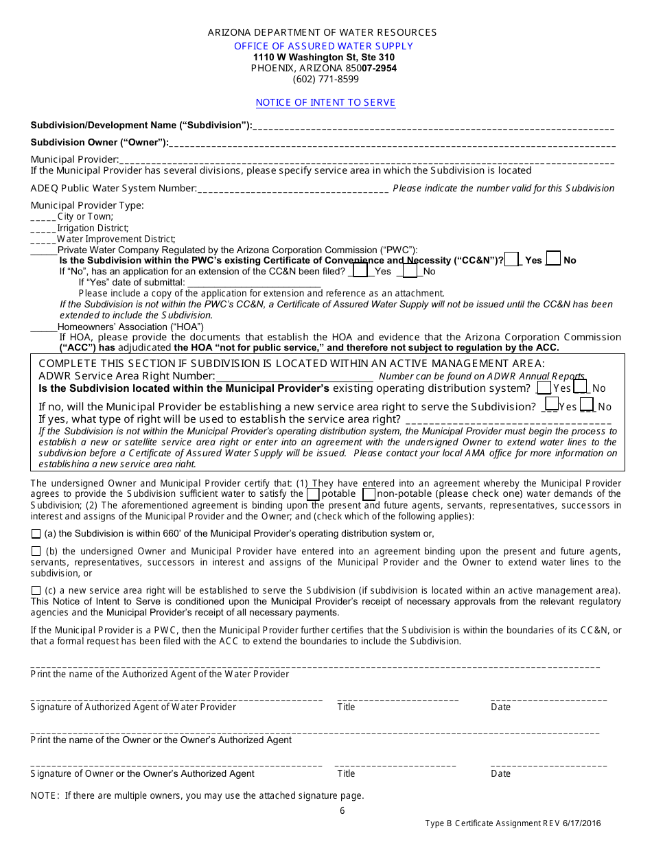 Application for an Assignment of a Type B or Unclassified Certificate of Assured Water Supply - Arizona, Page 8