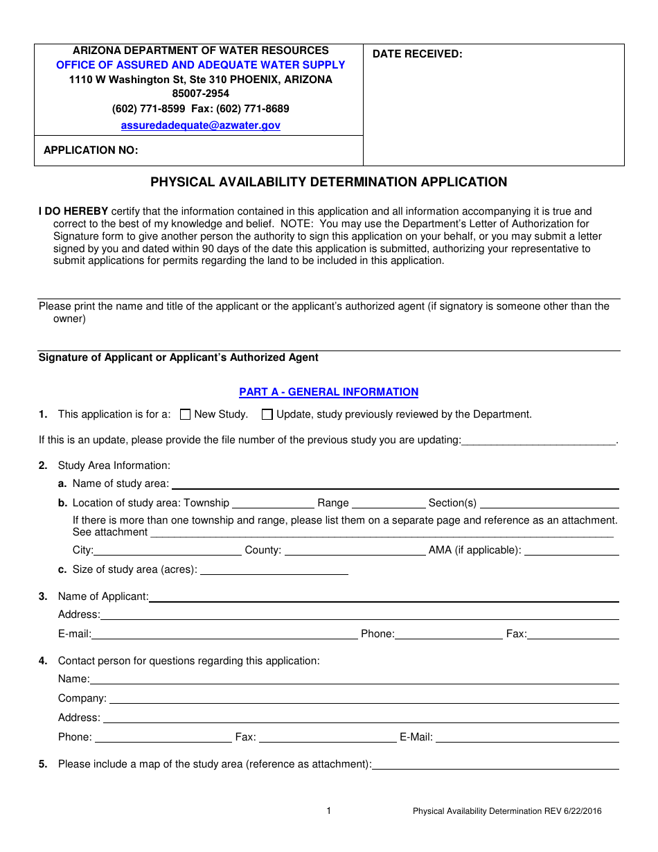 Physical Availability Determination Application Form - Arizona, Page 1