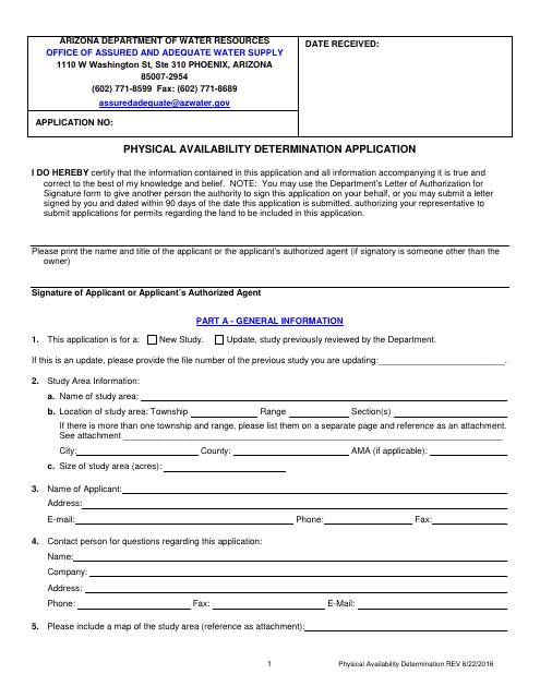 Physical Availability Determination Application Form - Arizona Download Pdf