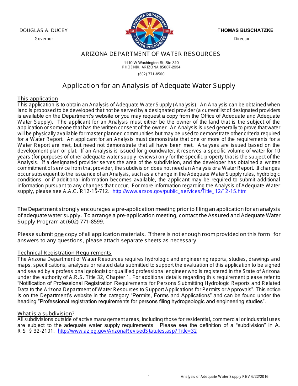 Analysis of Adequate Water Supply Application Form - Arizona, Page 1
