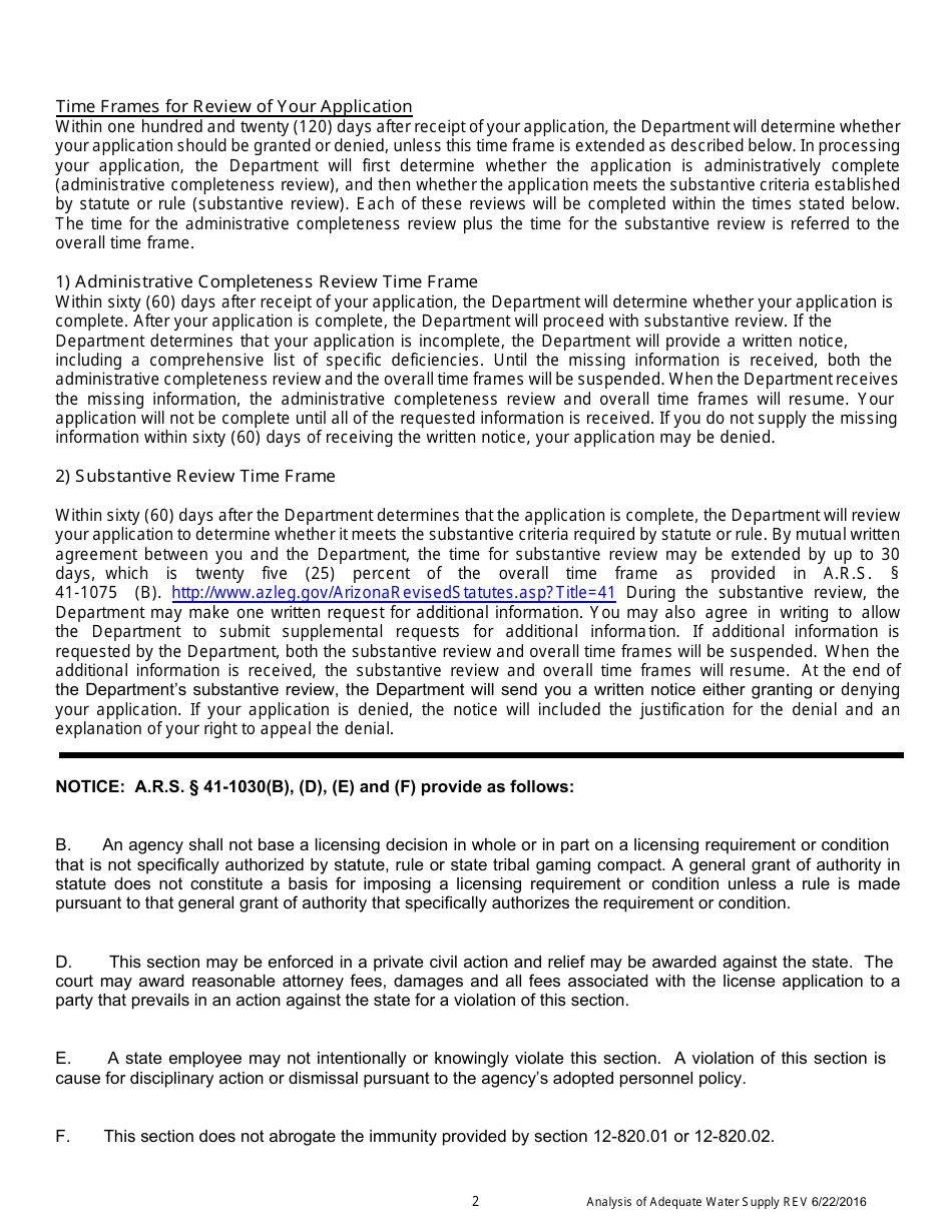 Analysis of Adequate Water Supply Application Form - Arizona, Page 2