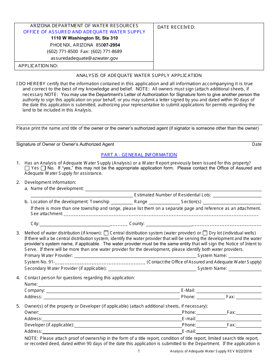 Analysis of Adequate Water Supply Application Form - Arizona, Page 3