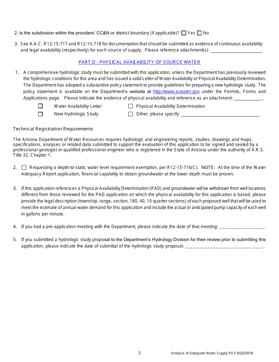 Analysis of Adequate Water Supply Application Form - Arizona, Page 5