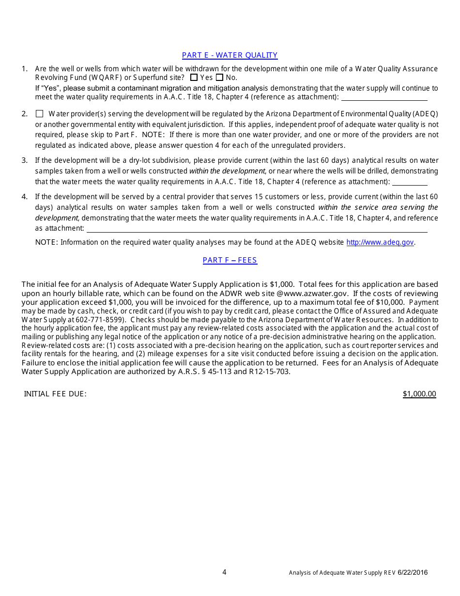 Analysis of Adequate Water Supply Application Form - Arizona, Page 6