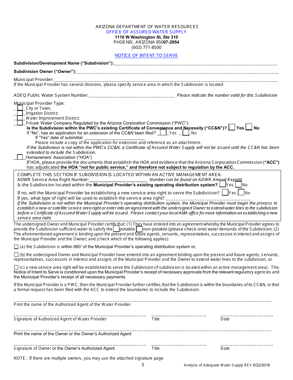 Analysis of Adequate Water Supply Application Form - Arizona, Page 7