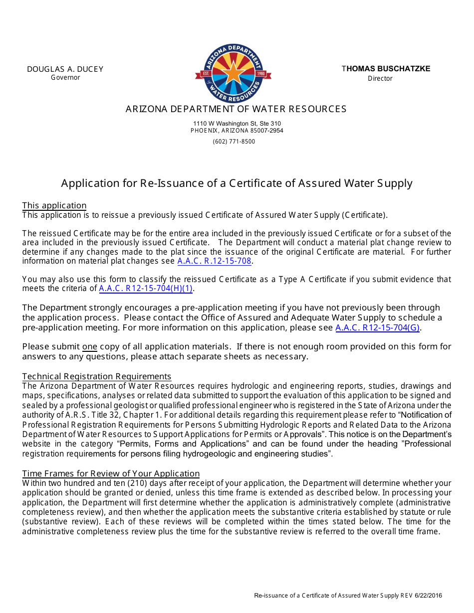 Re-issuance of a Certificate of Assured Water Supply Application - Arizona, Page 1