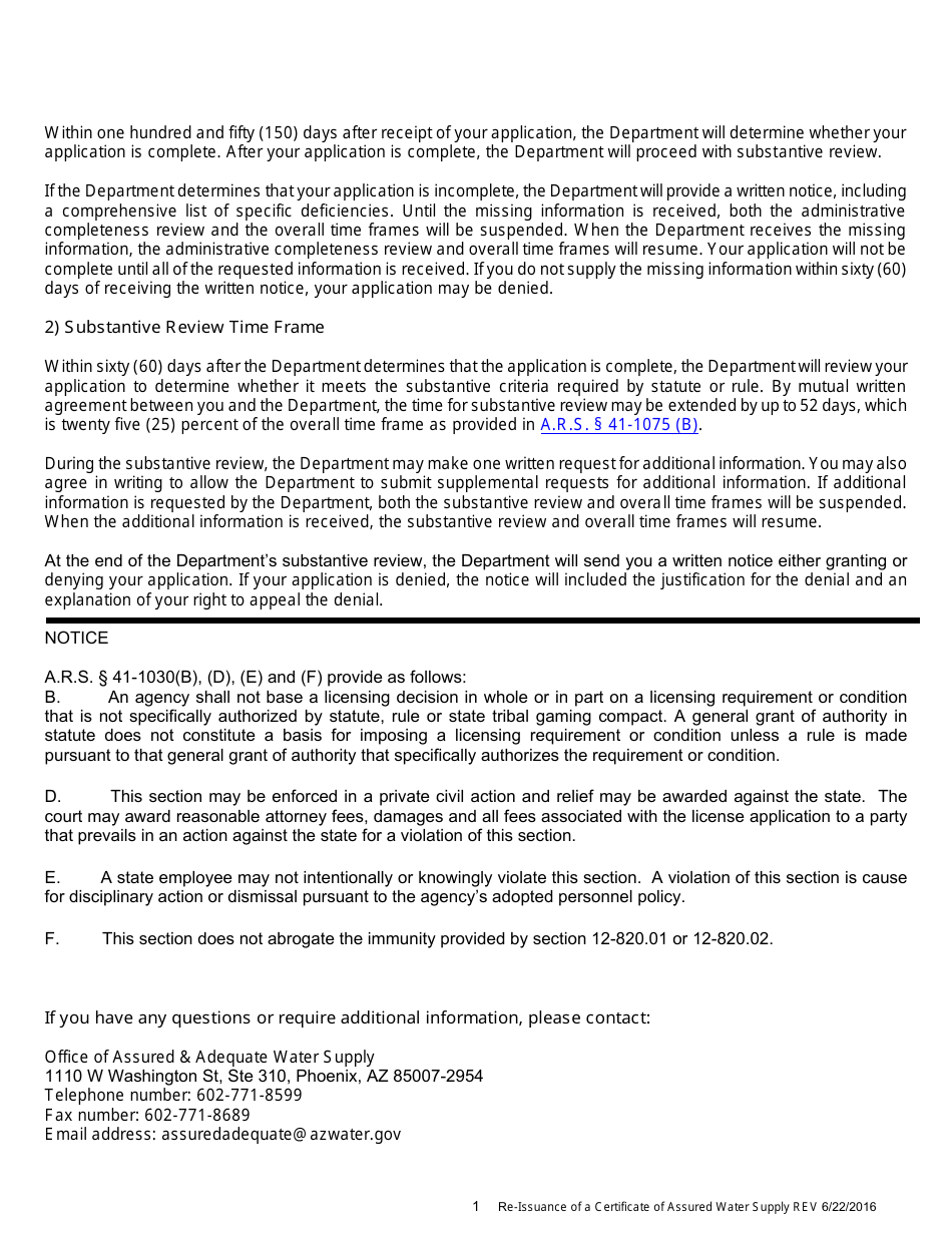 Re-issuance of a Certificate of Assured Water Supply Application - Arizona, Page 2