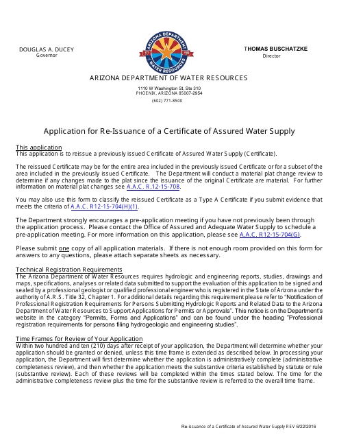 Re-issuance of a Certificate of Assured Water Supply Application - Arizona Download Pdf