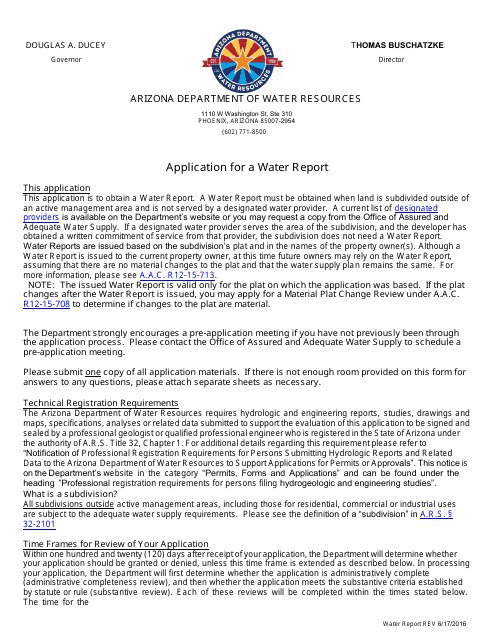 Application for a Water Report - Arizona Download Pdf