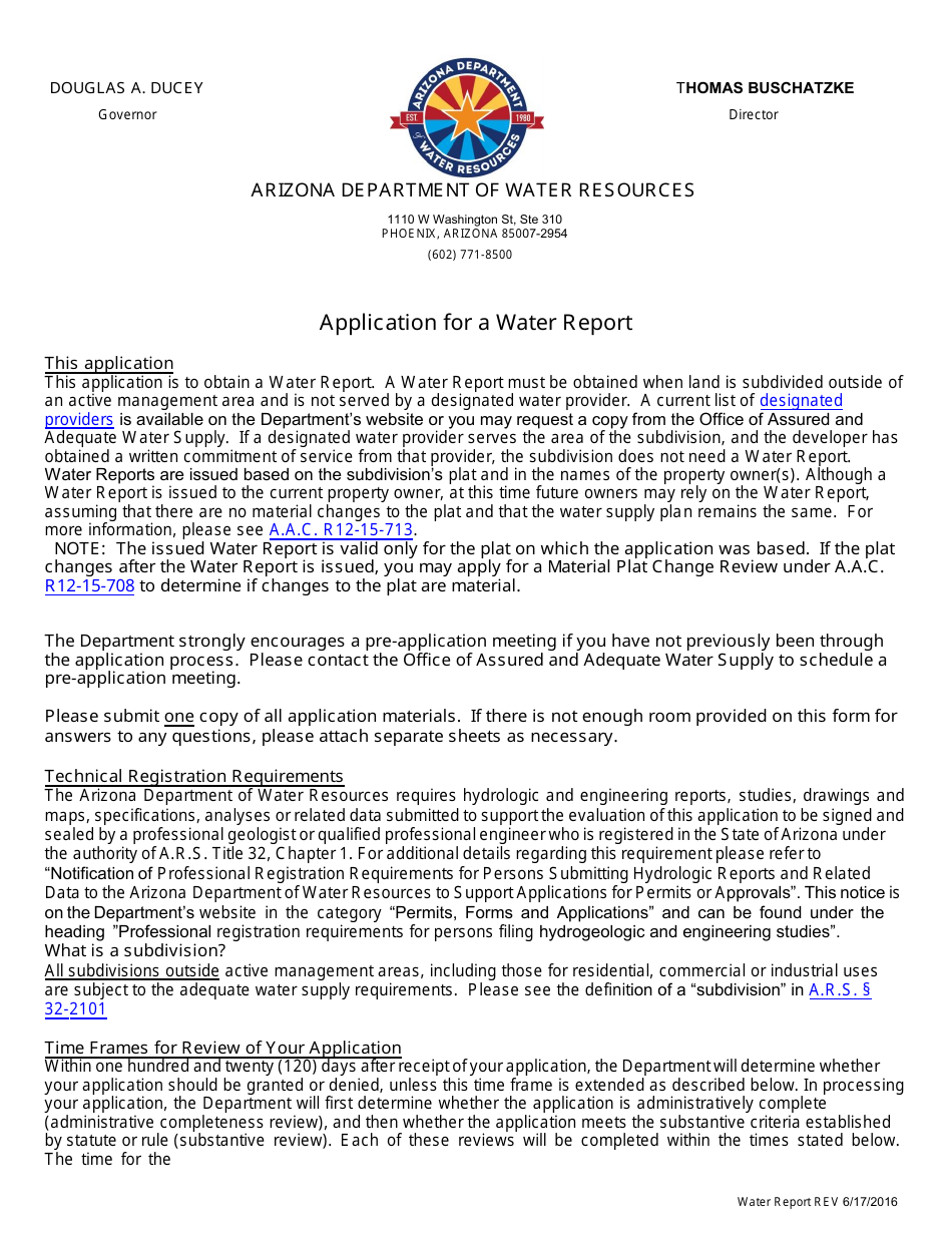 Application for a Water Report - Arizona, Page 1