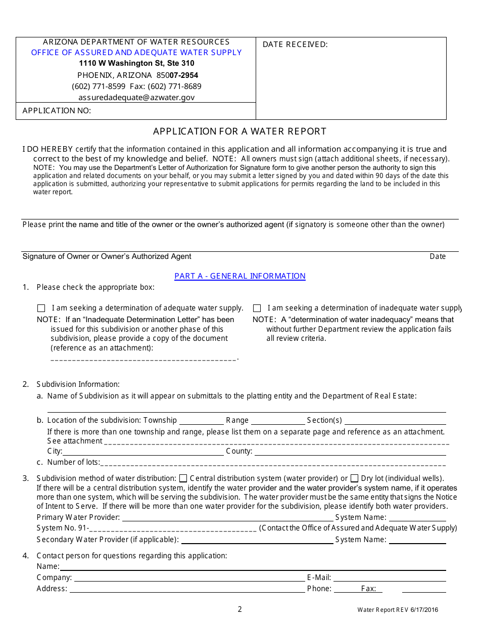 Application for a Water Report - Arizona, Page 3