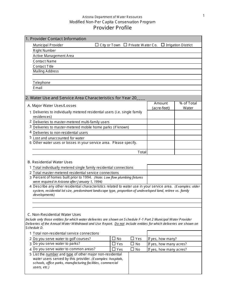 Provider Profile Form - Modified Non-per Capita Conservation Program - Arizona, Page 1