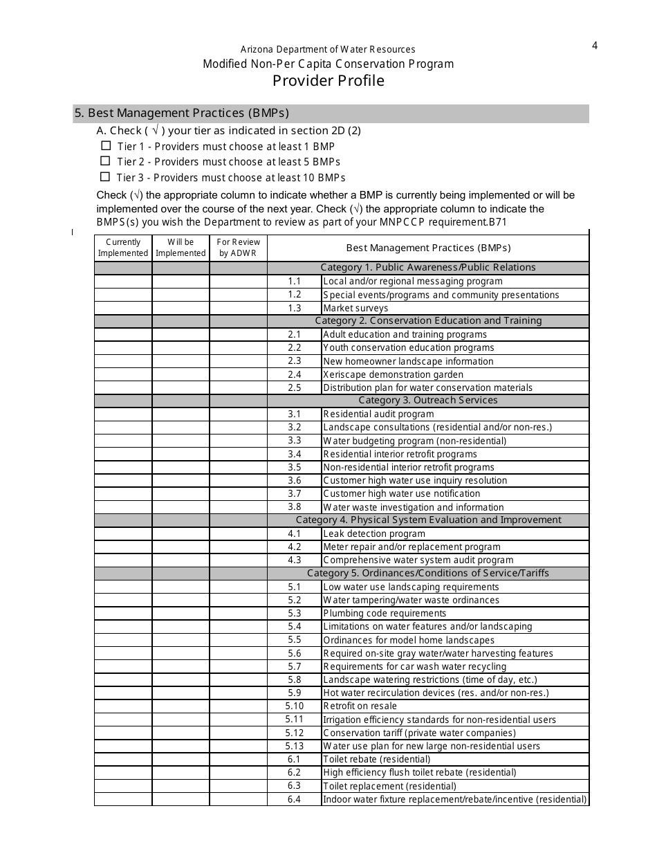 Provider Profile Form - Modified Non-per Capita Conservation Program - Arizona, Page 4