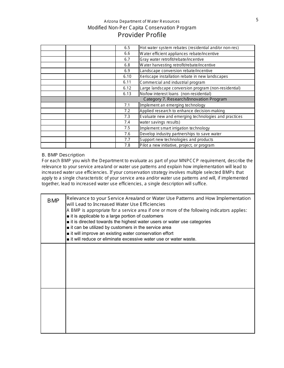 Provider Profile Form - Modified Non-per Capita Conservation Program - Arizona, Page 5