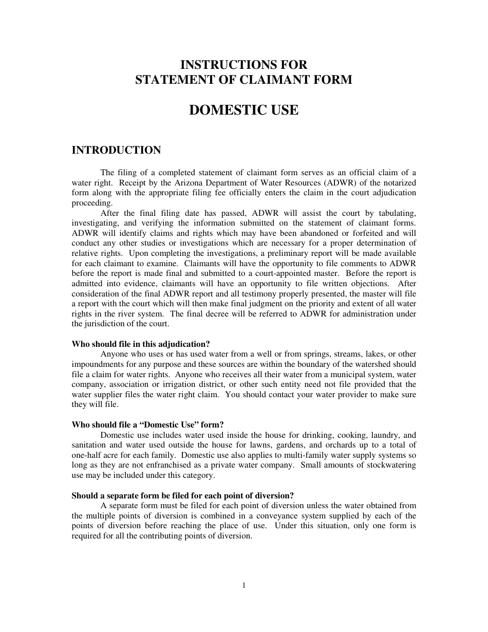 Instructions for Statement of Claimant Form - Domestic Use - Arizona, Page 1