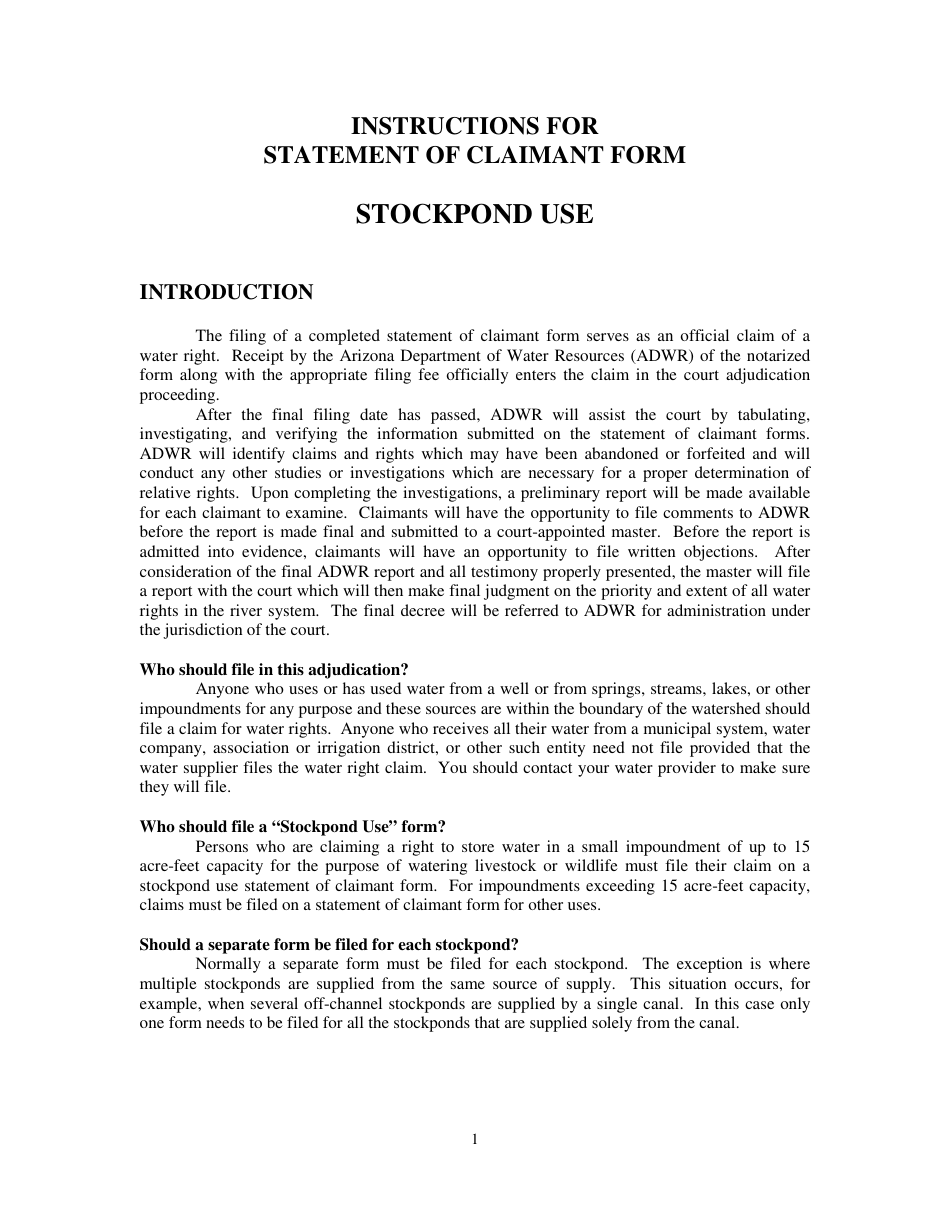 Instructions for Statement of Claimant Form - Stockpond Use - Arizona, Page 1