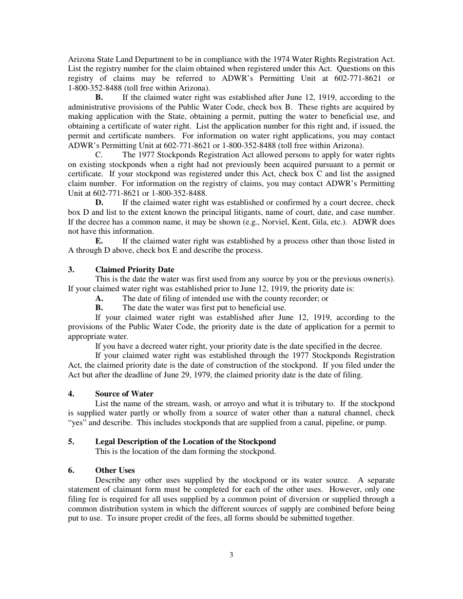 Instructions for Statement of Claimant Form - Stockpond Use - Arizona, Page 3