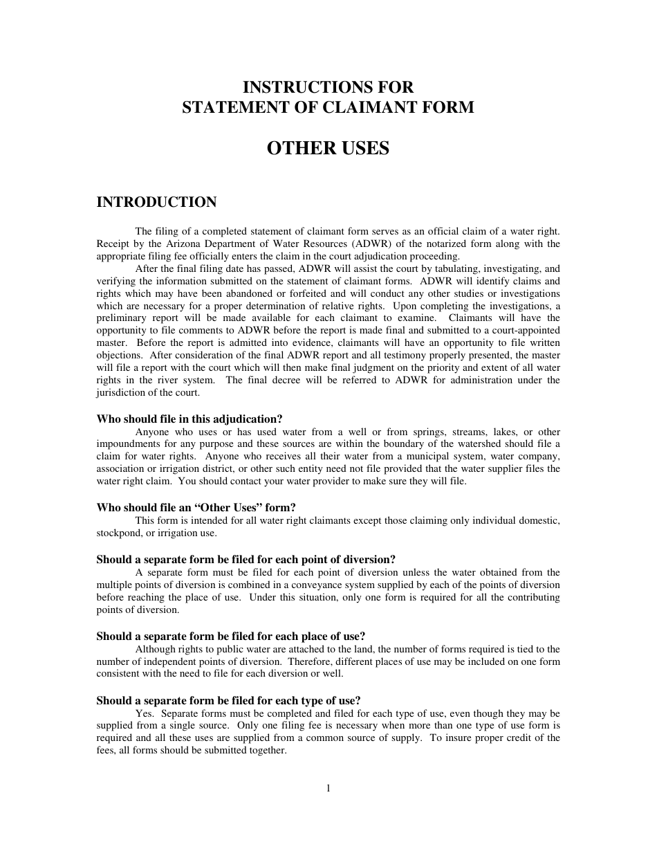 Instructions for Statement of Claimant Form - Other Uses - Arizona, Page 1