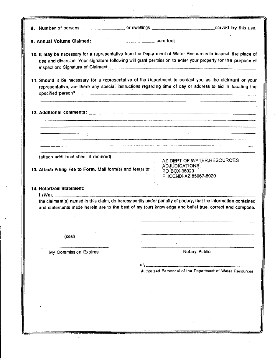 Statement of Claimant Form for Domestic Use - Agua Fria River Watershed Above Camp Dyer Dam - Maricopa County, Arizona, Page 2