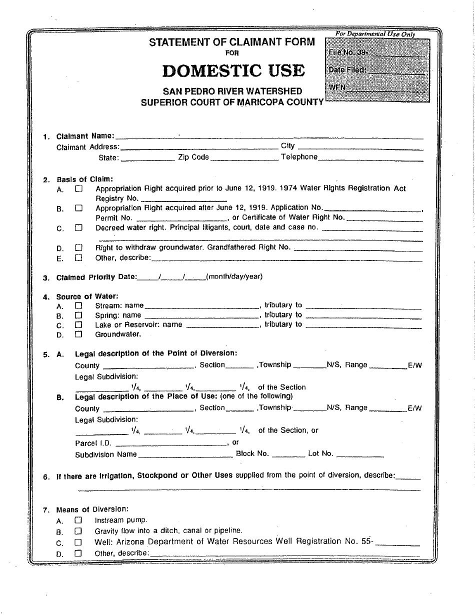 Statement of Claimant Form for Domestic Use - San Pedro River Watershed - Maricopa County, Arizona, Page 1