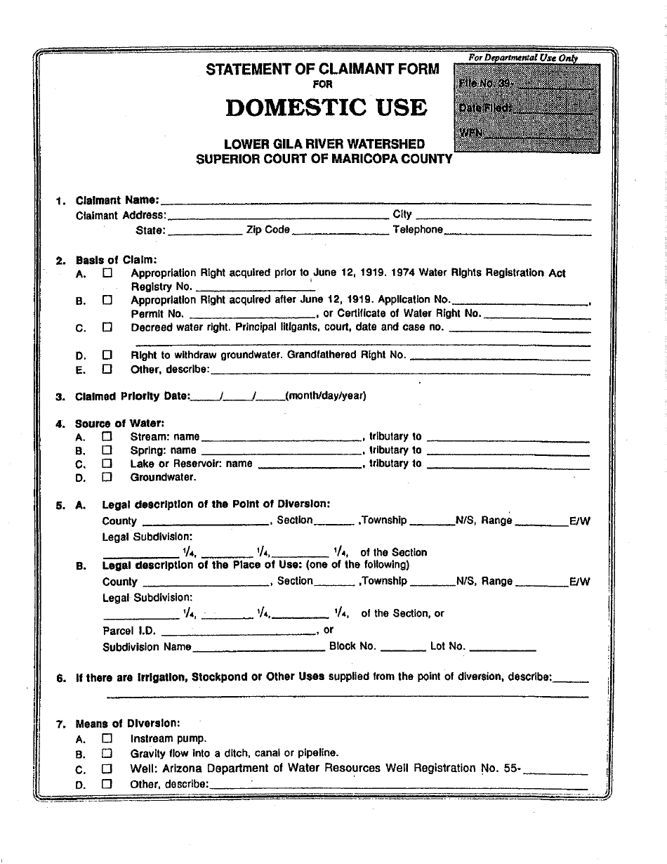Statement of Claimant Form for Domestic Use - Lower Gila River Watershed - Maricopa County, Arizona, Page 1