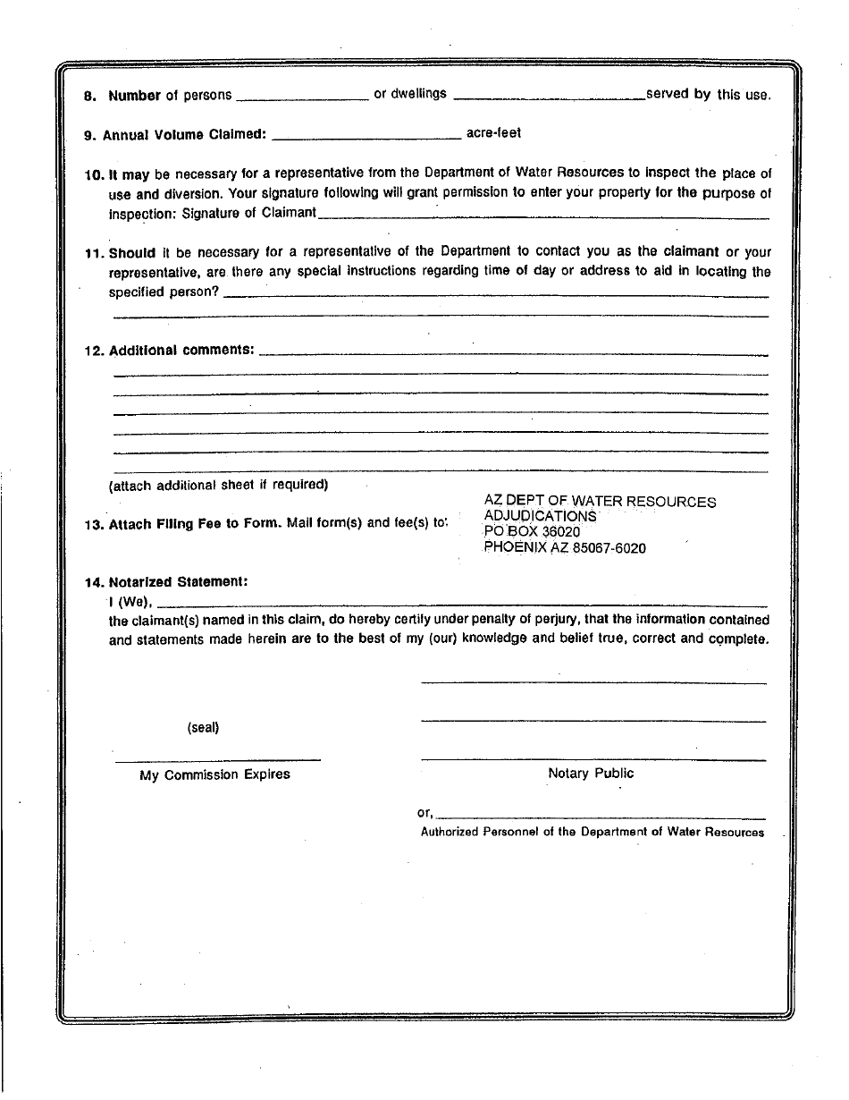 Statement of Claimant Form for Domestic Use - Lower Gila River Watershed - Maricopa County, Arizona, Page 2