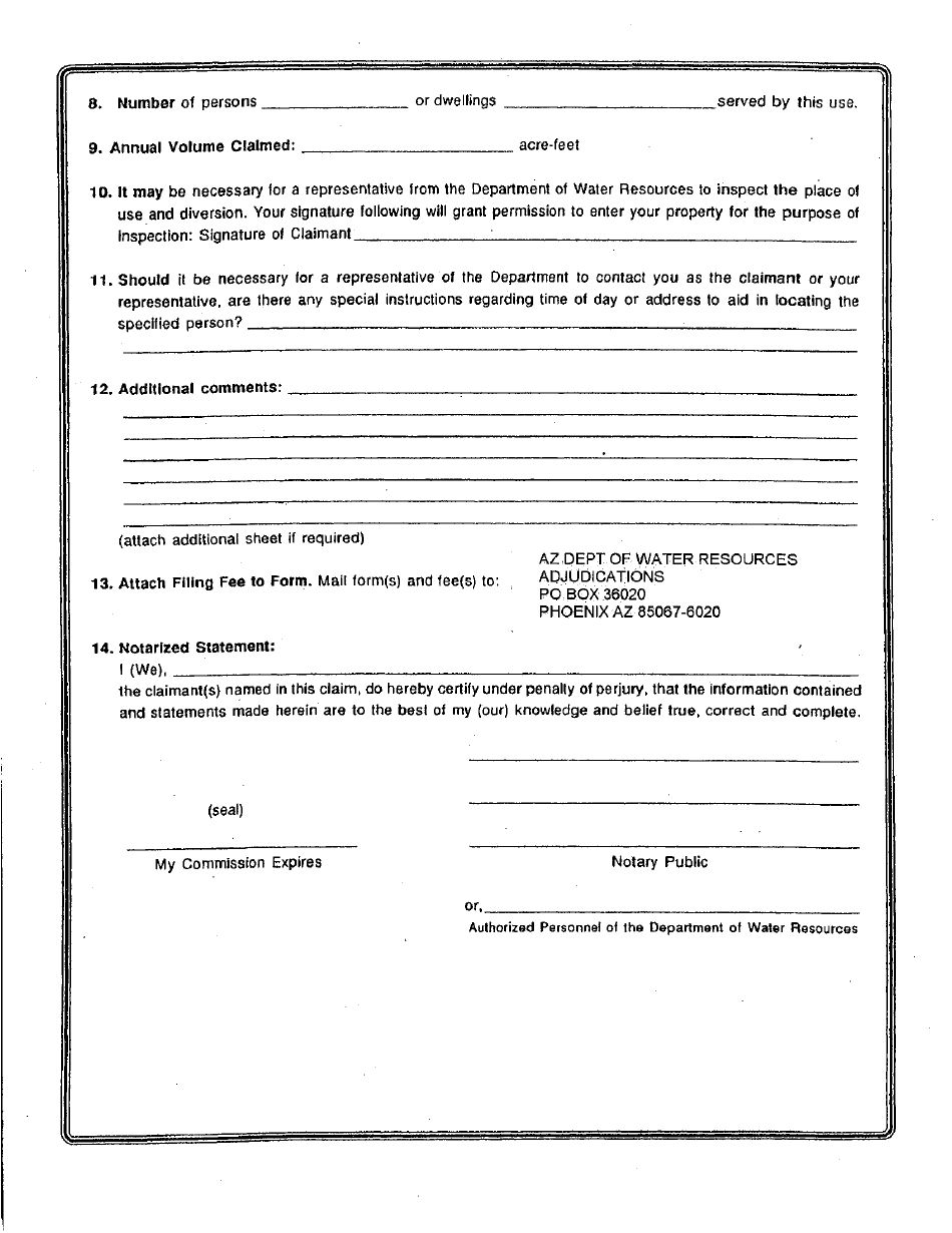 Statement of Claimant Form for Domestic Use - Upper Gila River Watershed Upstream From Ashurst-Hayden Dam Excluding the San Pedro River Watershed - Maricopa County, Arizona, Page 2