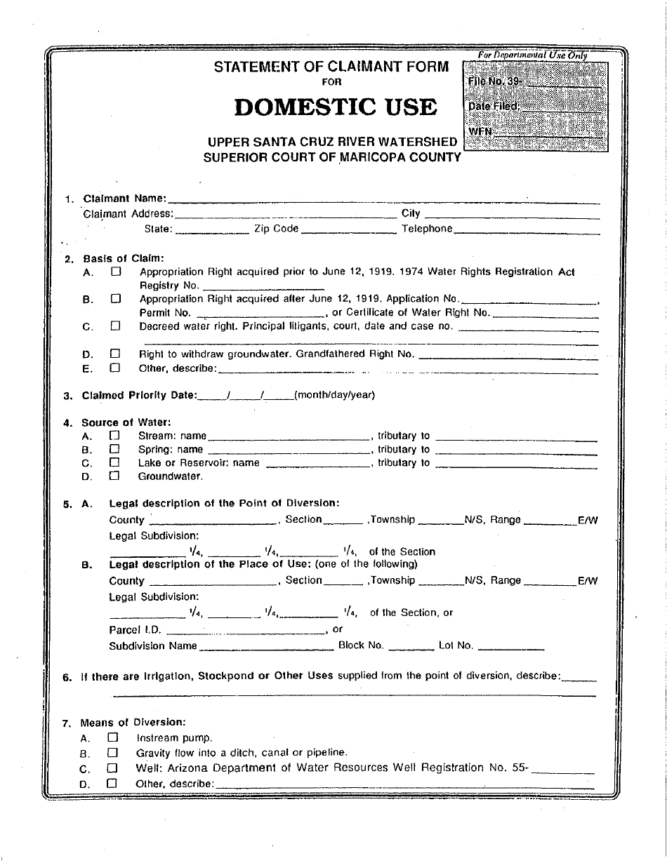 Statement of Claimant Form for Domestic Use - Upper Santa Cruz River Watershed - Maricopa County, Arizona, Page 1