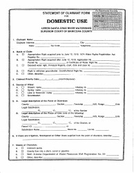 Document preview: Statement of Claimant Form for Domestic Use - Upper Santa Cruz River Watershed - Maricopa County, Arizona