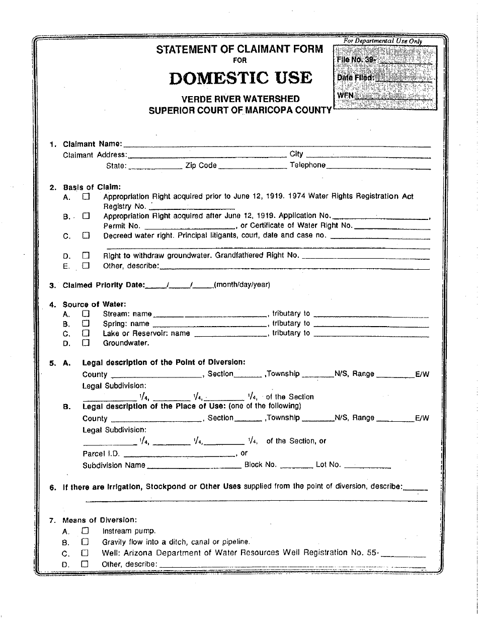 Statement of Claimant Form for Domestic Use - Verde River Watershed - Maricopa County, Arizona, Page 1