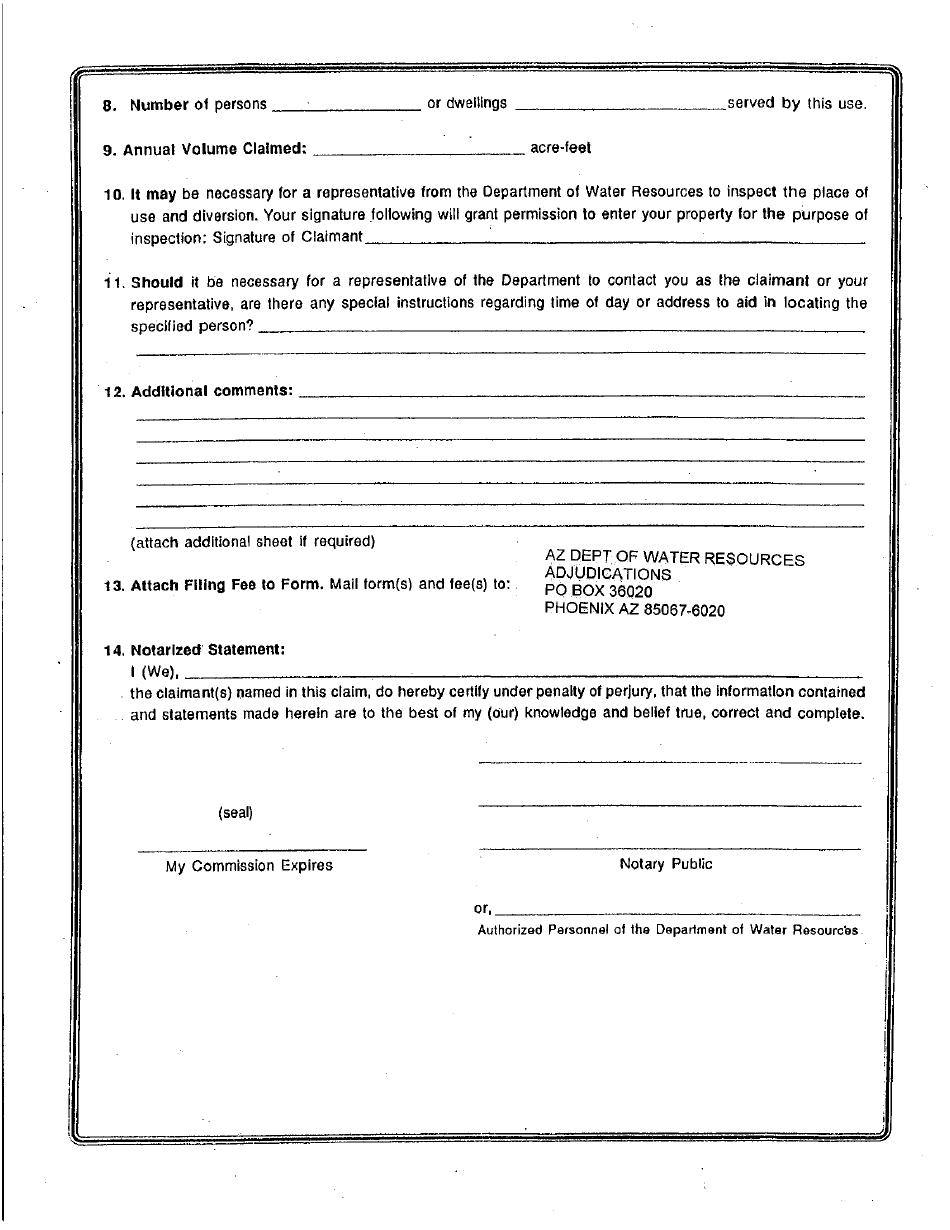 Statement of Claimant Form for Domestic Use - Verde River Watershed - Maricopa County, Arizona, Page 2