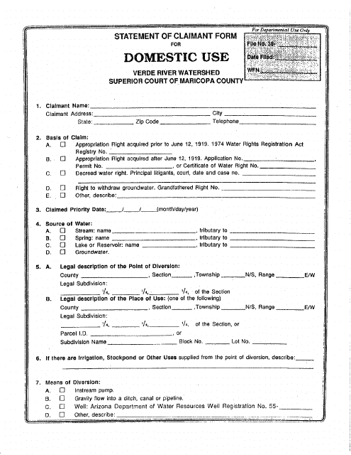 Statement of Claimant Form for Domestic Use - Verde River Watershed - Maricopa County, Arizona Download Pdf