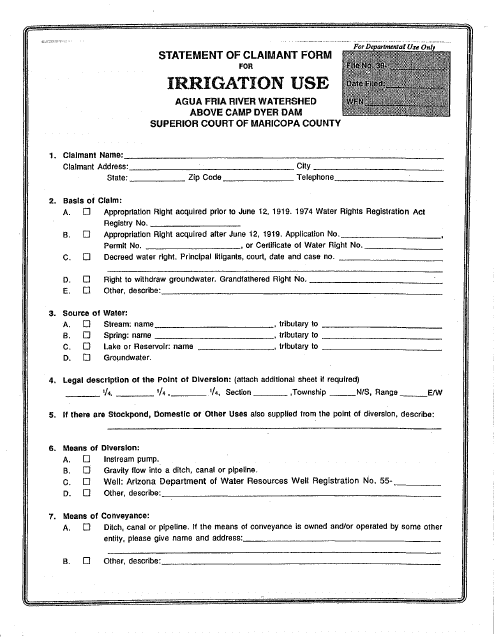 Statement of Claimant Form for Irrigation Use - Agua Fria River Watershed Above Camp Dyer Dam - Maricopa County, Arizona Download Pdf