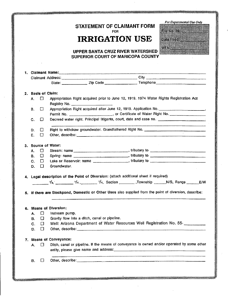 Statement of Claimant Form for Irrigation Use - Upper Santa Cruz River Watershed - Maricopa County, Arizona, Page 1