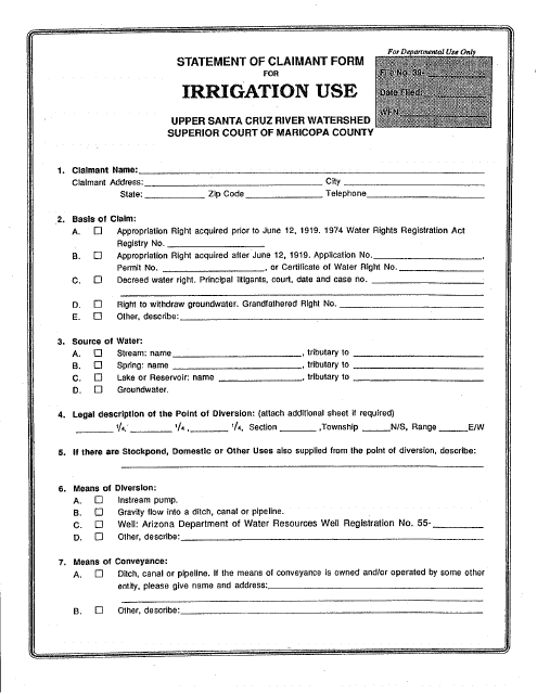 Statement of Claimant Form for Irrigation Use - Upper Santa Cruz River Watershed - Maricopa County, Arizona Download Pdf