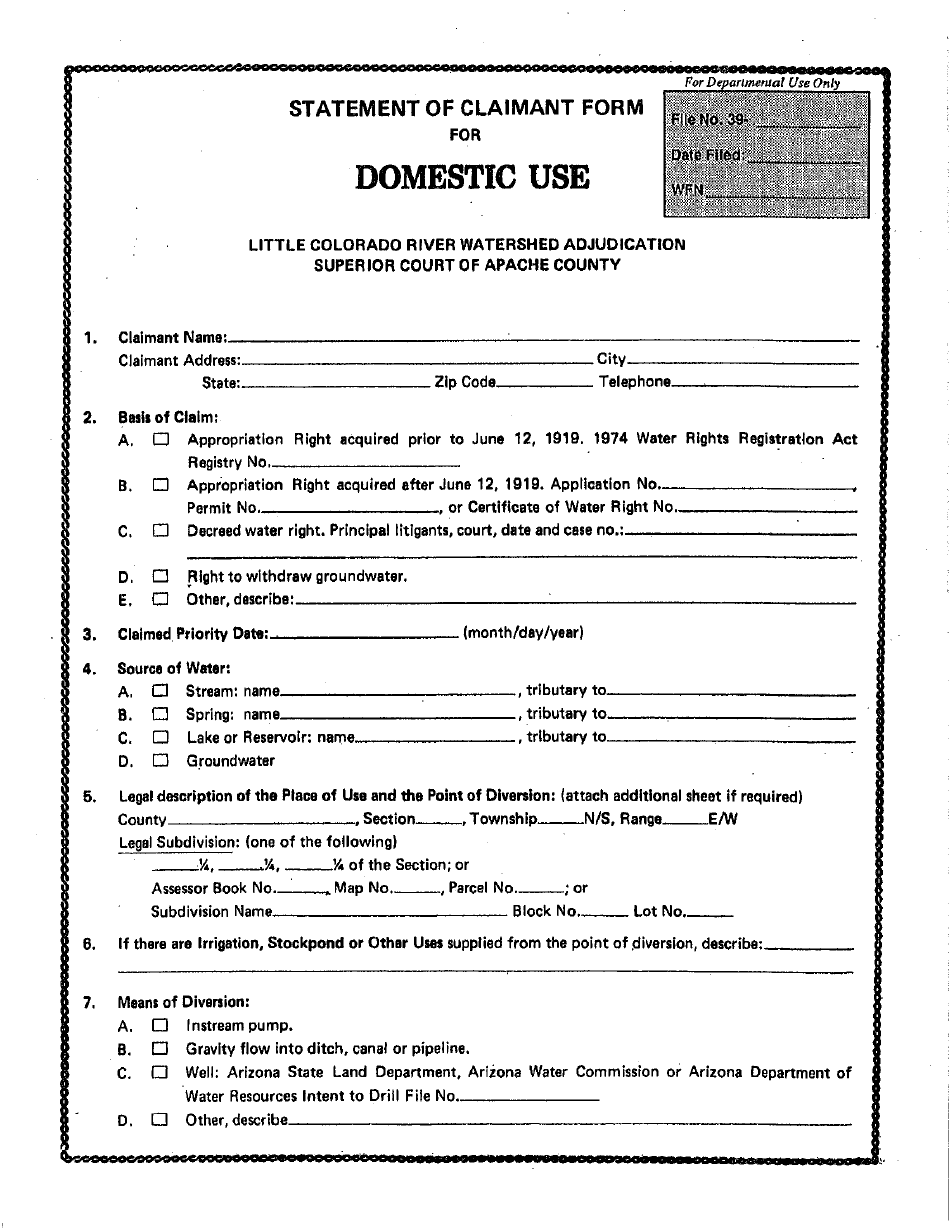 Statement of Claimant Form for Domestic Use - Little Colorado River Watershed Adjudication - Apache County, Arizona, Page 1