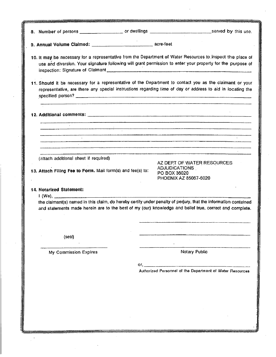Statement of Claimant Form for Domestic Use - Little Colorado River Watershed Adjudication - Apache County, Arizona, Page 2