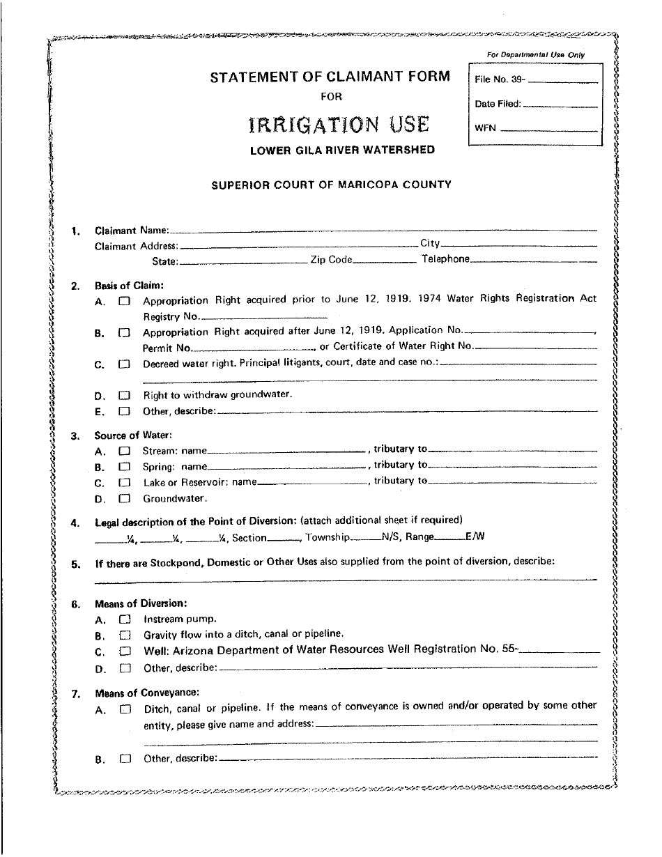 Statement of Claimant Form for Irrigation Use - Lower Gila River Watershed - Maricopa County, Arizona, Page 1