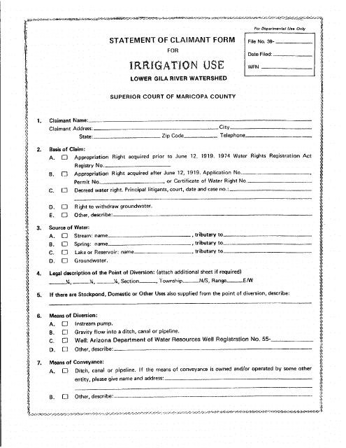 Statement of Claimant Form for Irrigation Use - Lower Gila River Watershed - Maricopa County, Arizona Download Pdf