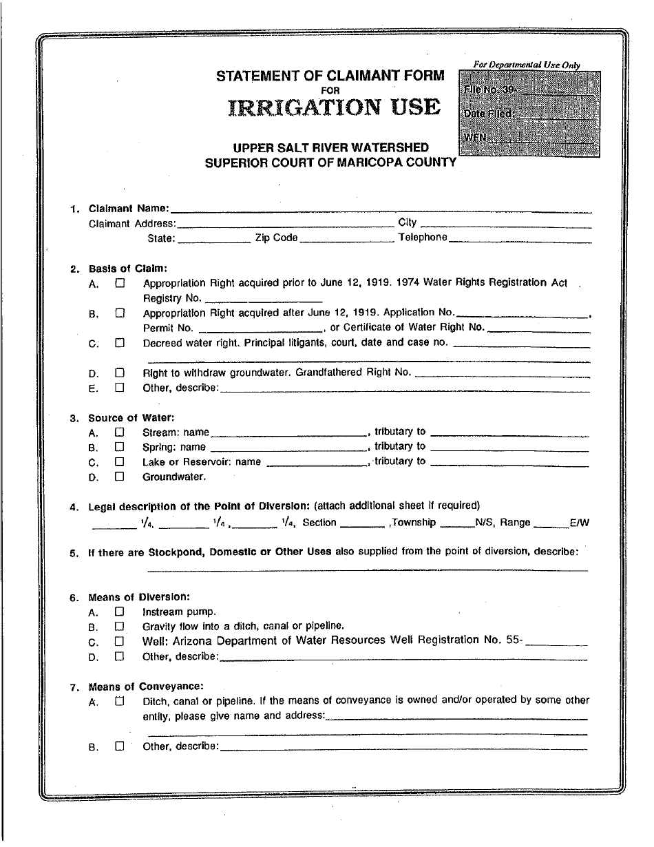 Statement of Claimant Form for Irrigation Use - Upper Salt River Watershed - Maricopa County, Arizona, Page 1