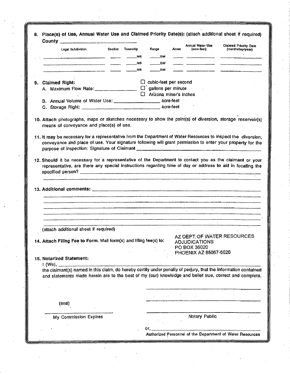 Statement of Claimant Form for Irrigation Use - Upper Salt River Watershed - Maricopa County, Arizona, Page 2