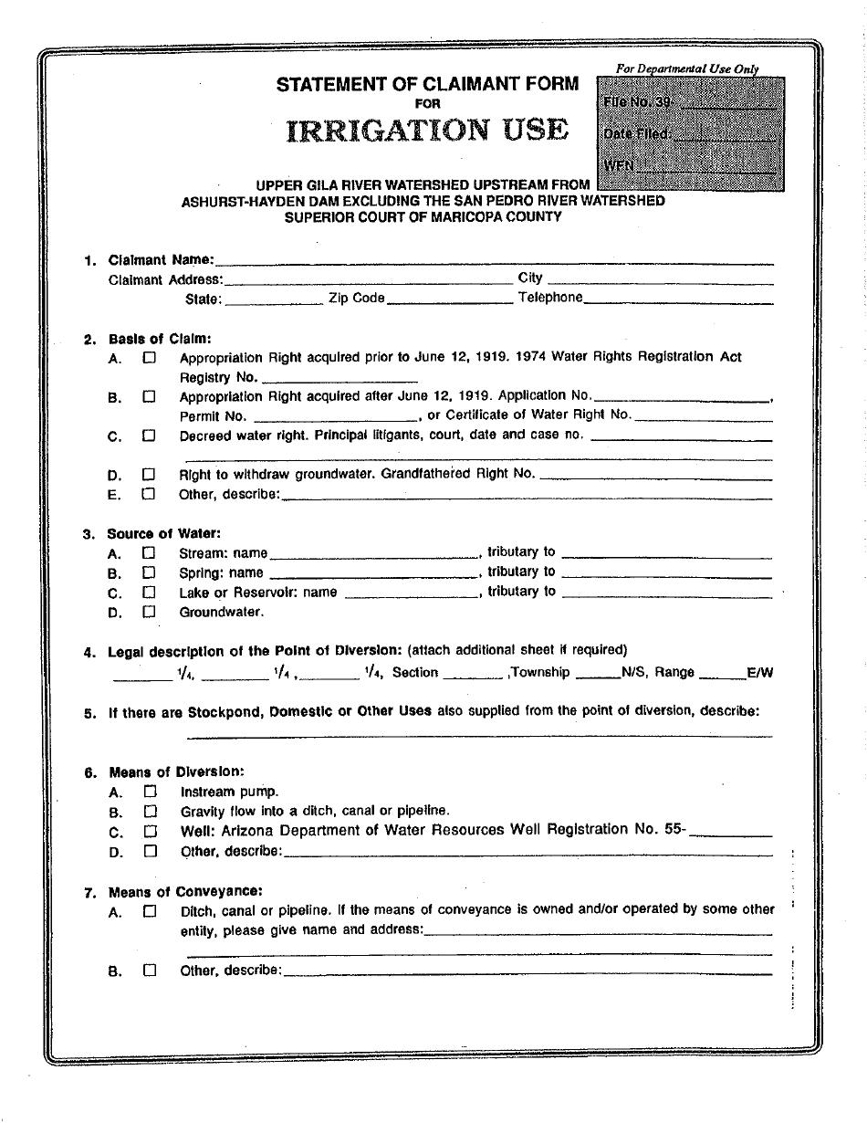 Statement of Claimant Form for Irrigation Use - Upper Gila River Watershed Upstream From Ashurst-Hayden Dam Excluding the San Pedro River Watershed - Maricopa County, Arizona, Page 1