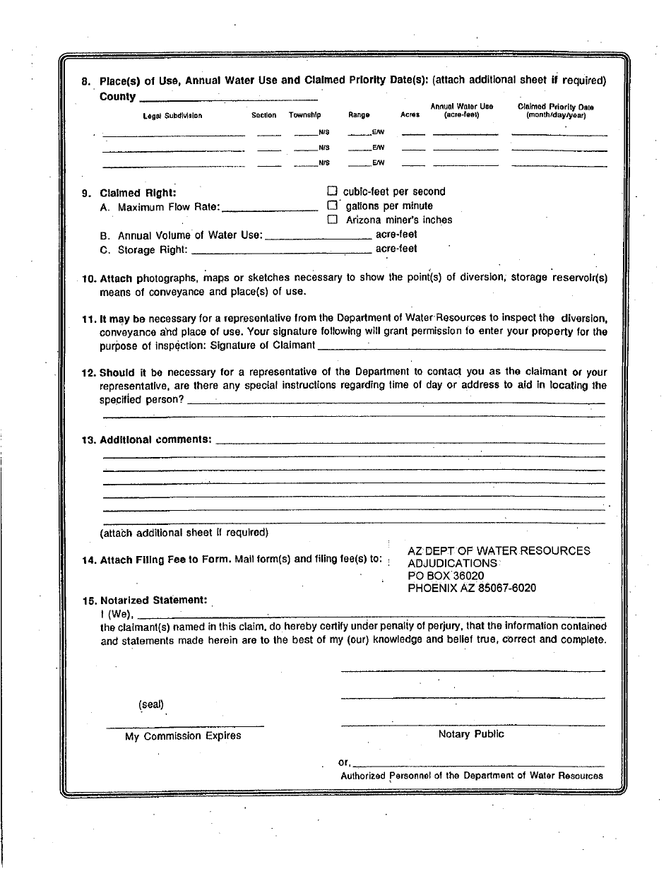 Statement of Claimant Form for Irrigation Use - Upper Gila River Watershed Upstream From Ashurst-Hayden Dam Excluding the San Pedro River Watershed - Maricopa County, Arizona, Page 2